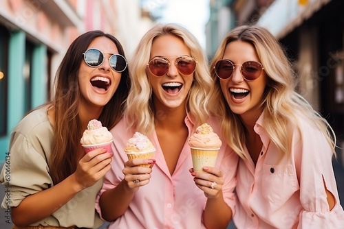 Women Enjoying Ice Cream Outdoor in the City. Generative AI