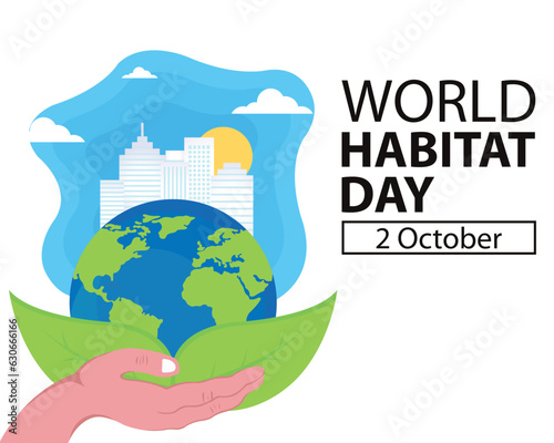 illustration vector graphic of hands holding earth sided skyscrapers, perfect for international day, world habitat day, celebrate, greeting card, etc.