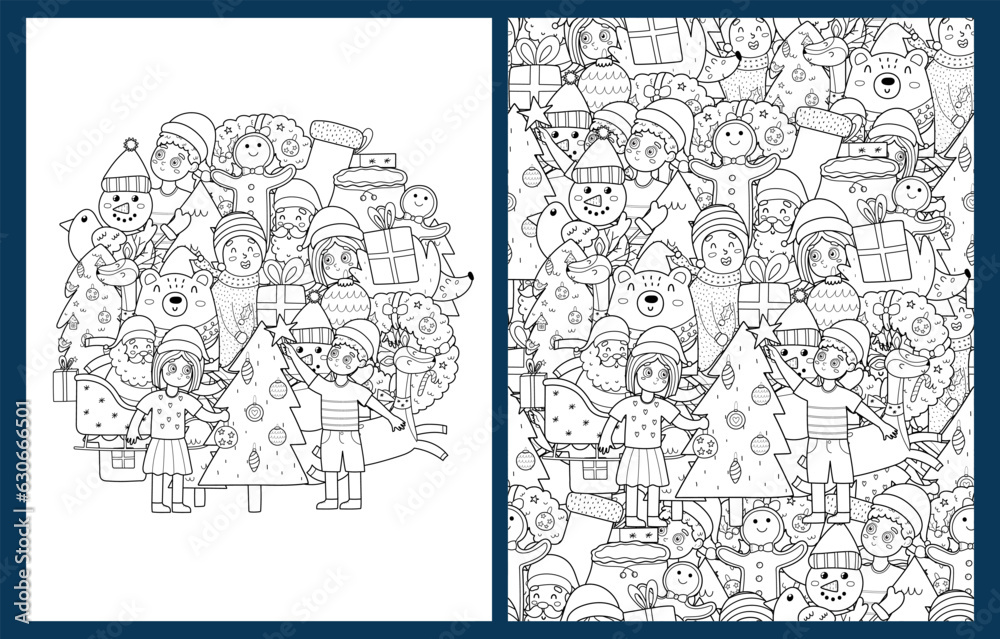 Christmas coloring pages set in US Letter format. Doodle winter characters background with a Christmas tree, Santa, bear. Vector illustration