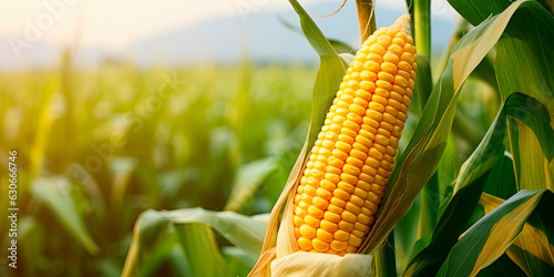 Corn cobs in corn plantation field. photo