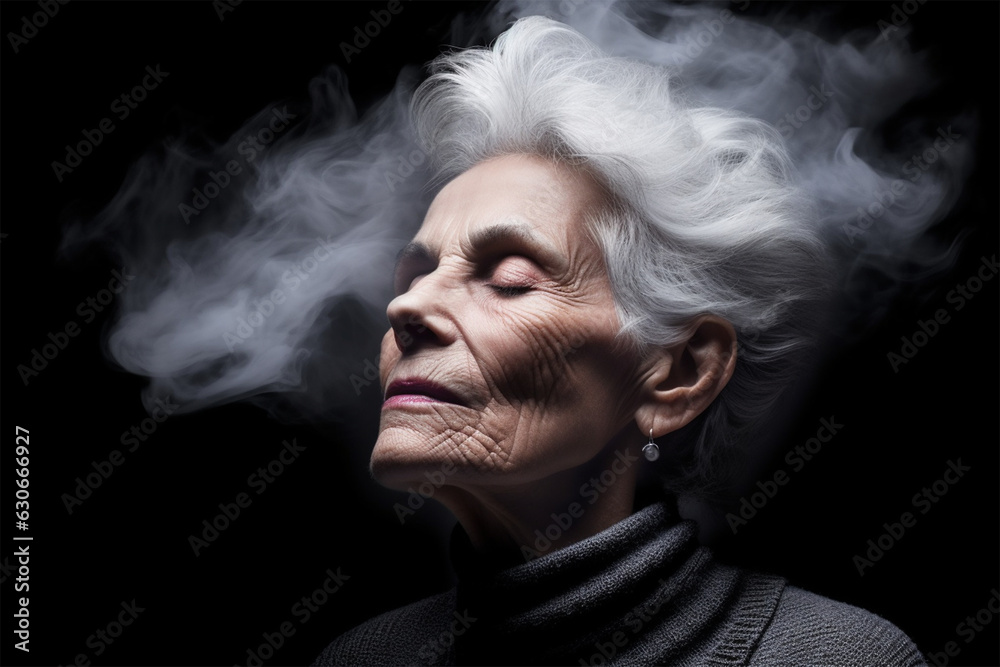 a senior woman with her head in a misty cloud .Memory loss, dementia concept.Loneliness and mental health depression concept. 