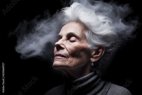 a senior woman with her head in a misty cloud .Memory loss, dementia concept.Loneliness and mental health depression concept. 