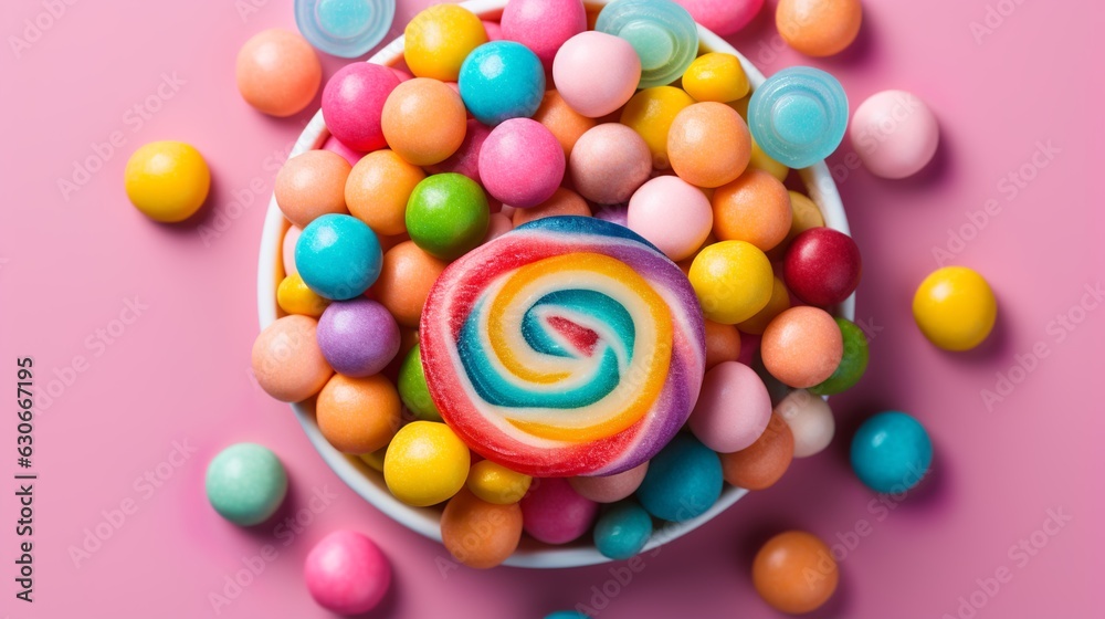 Colorful candy on a pink background, Generative AI