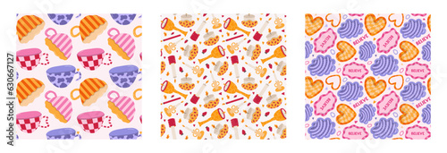 Set of playful utensil seamless patterns with doodle in pinkcolor. Romantic print with colorful pottery, hand-made ceramics, kitchen tableware, cute cup, plate, candlestick. Creative wallpaper print.