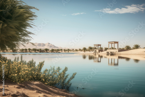Mirage of an oasis in the desert. Lake and palm trees. © July P