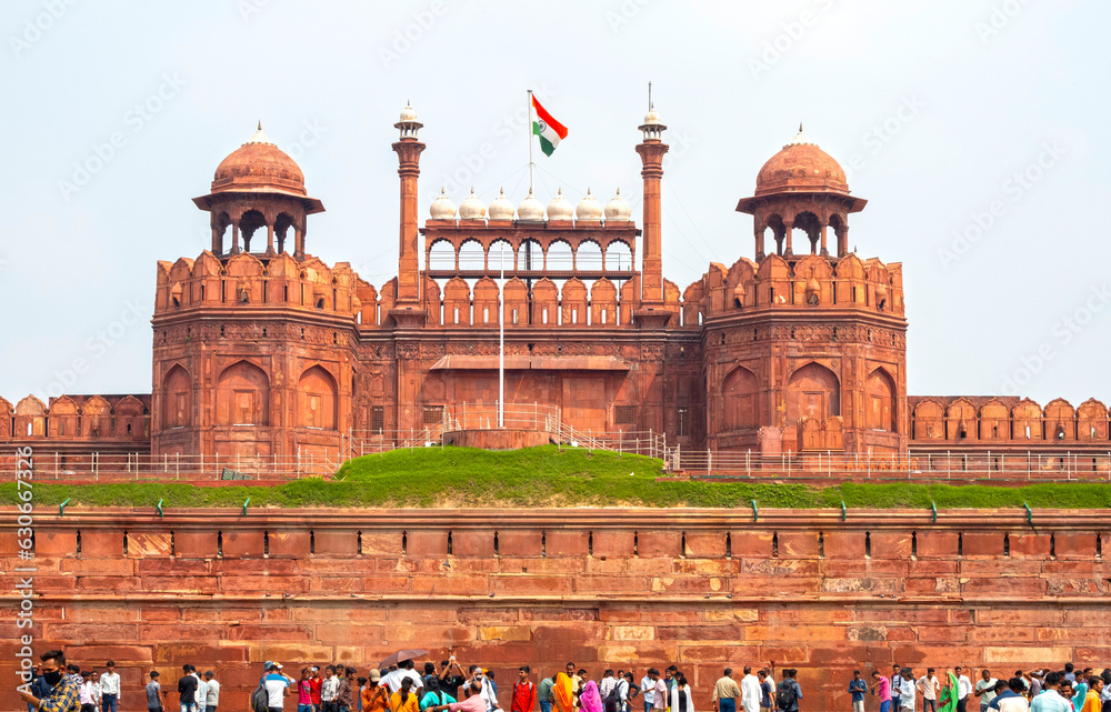 Facade of The Red Fort or Lal Qila and visitors in New Delhi  in India