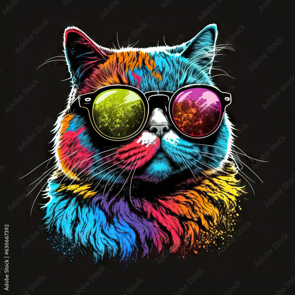 Cat in a sunglasses abstract portrait in pop art colorful style, generative ai art