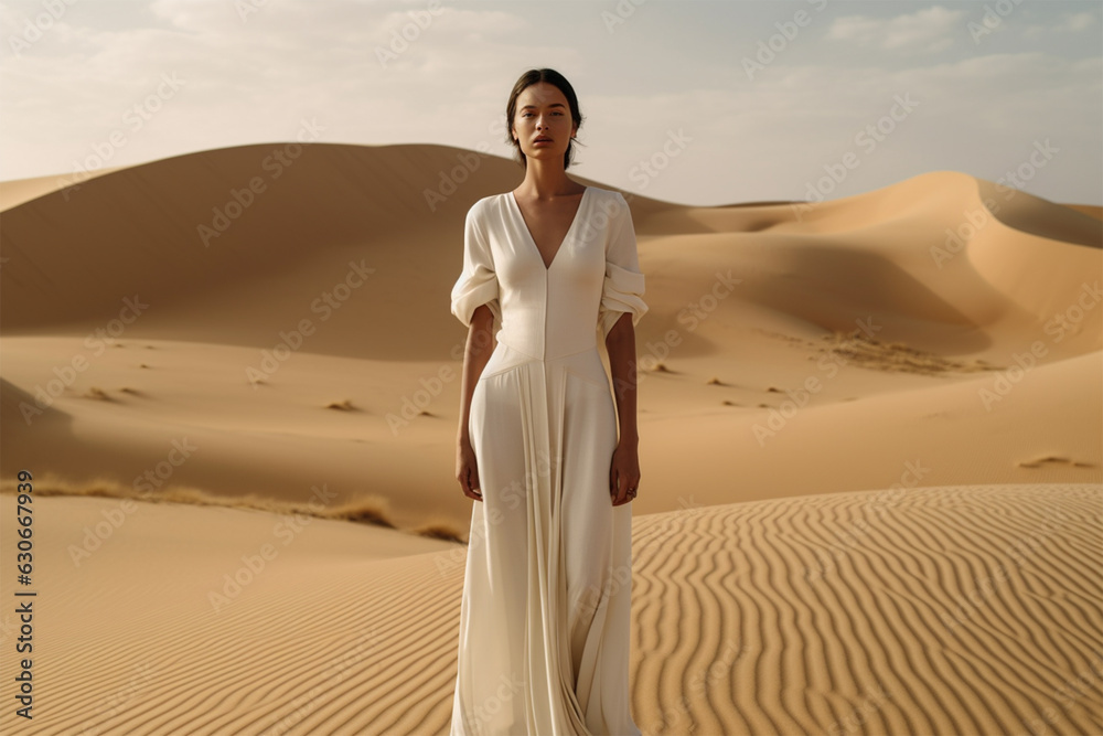 young woman in white dress on desert dunes.fashion and style concept.