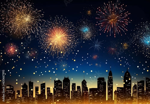 A wide shot of a city skyline with fireworks exploding overhead, christmas image, photorealistic illustration