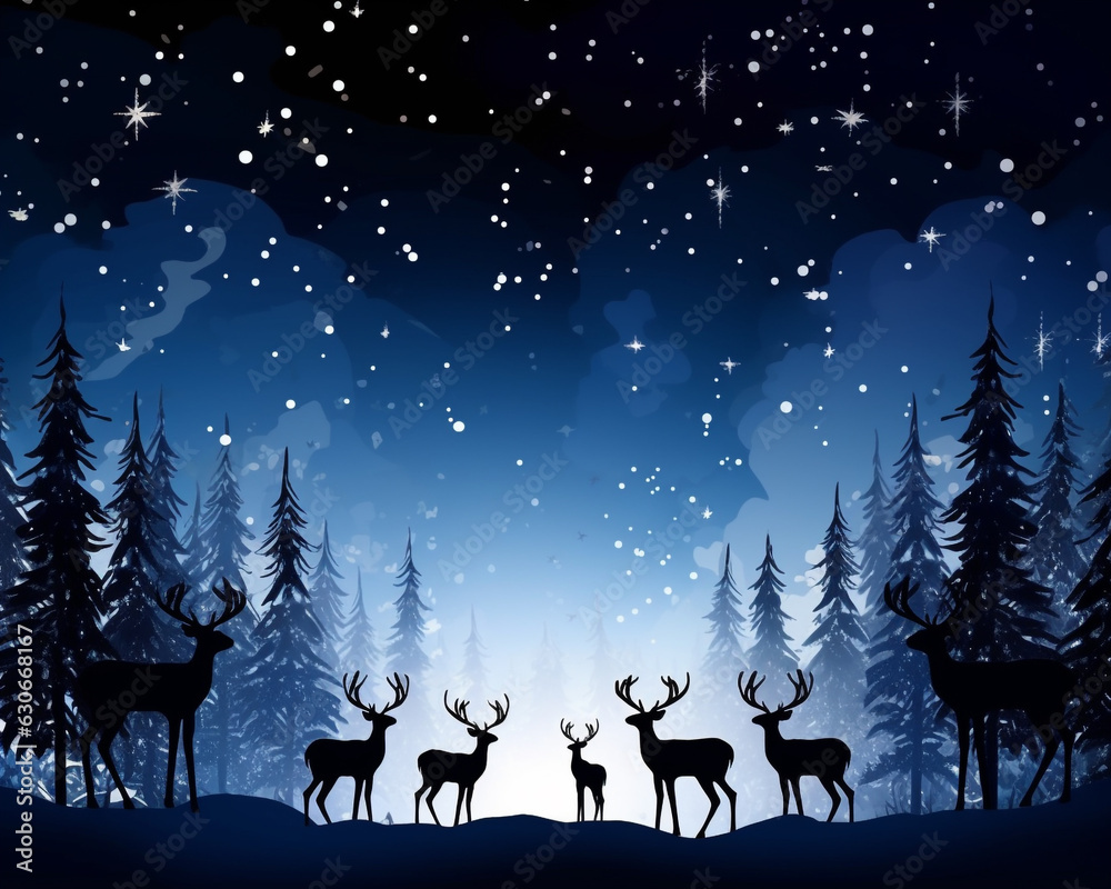 A herd of reindeer standing in a snowy field, christmas image, cartoon illustration art A herd of reindeer standing in a snowy field, christmas image, cartoon illustration art