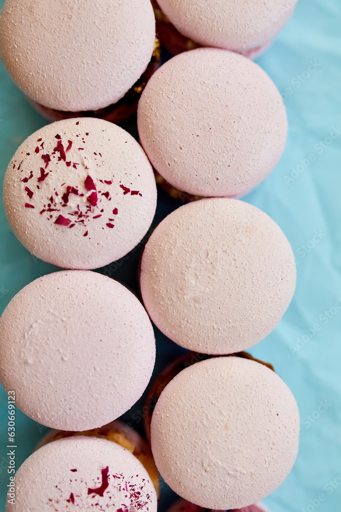 Fototapeta premium Assorted sweet french pink macarons on blue background