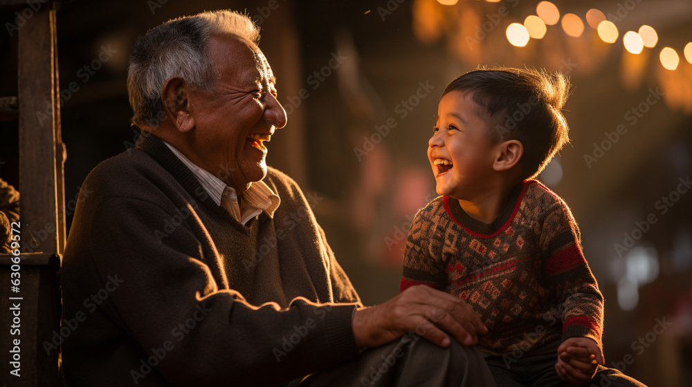 A heartwarming moment of a child sharing a contagious smile with a happy elderly person 
