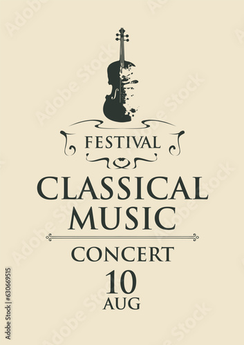 Poster of a classical music concert. Vector banner, flyer, invitation, ticket or advertising banner with abstract violin in the form of bright spots of paint