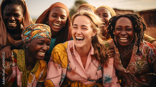 A heartwarming photo of people from different cultures, united with smiles and laughter  photo