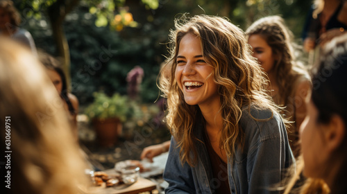 A group of friends laughing and smiling together during a joyous outdoor gathering 