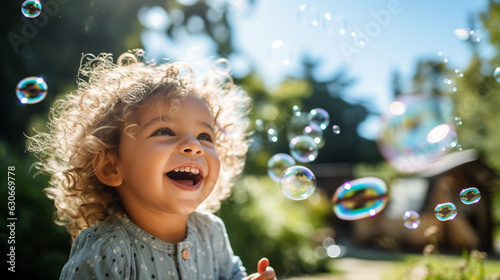 A delightful image of a child blowing bubbles and laughing joyfully in a sunny park 