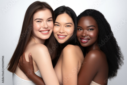 Three joyful multiethnic women hugging, smiling, isolated on white.