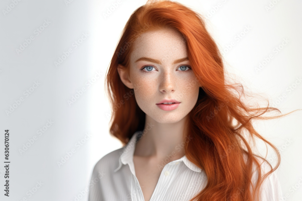Pretty young redhead woman, isolated on white wall background. Pretty young redhead woman, isolated on white wall background.