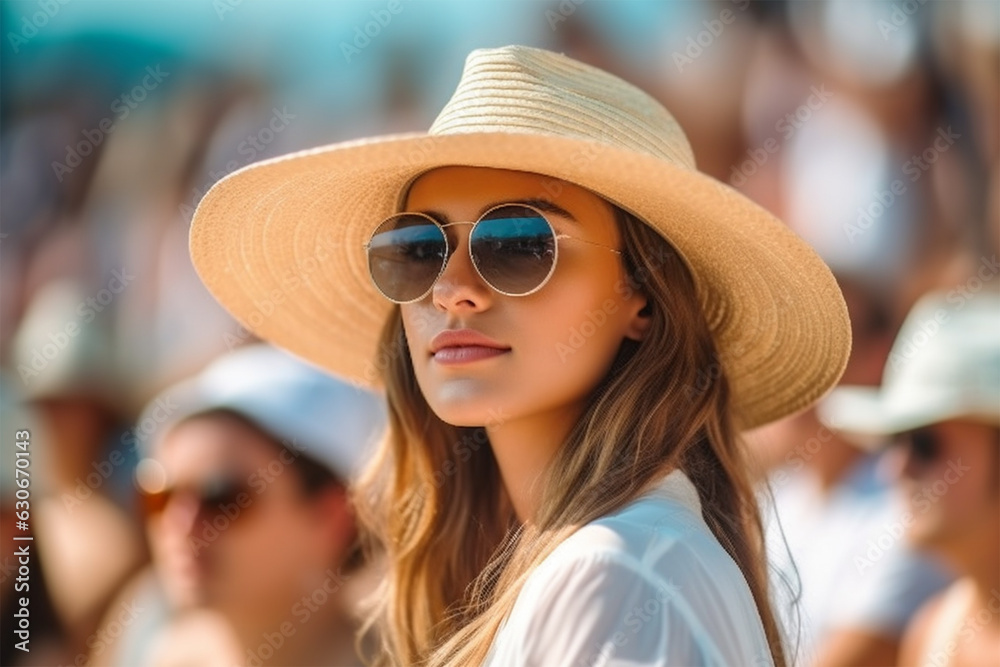 young beautiful woman in glasses and a hat and a white dress   at a tennis tournament on a sunny day. 