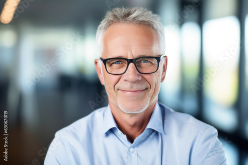 Smiling senior businessman in glasses, proud and satisfied, looking at camera