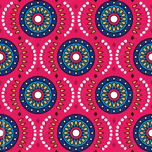 Ankara style or African wax or vector seamless pattern with flowers, Africal folk art Batik textile fabric print design
 photo