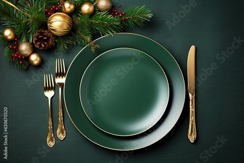 Christmas table setting with green and golden decoration on green background. Minimalism style. Copy space. Xmas dinner. Generative AI.