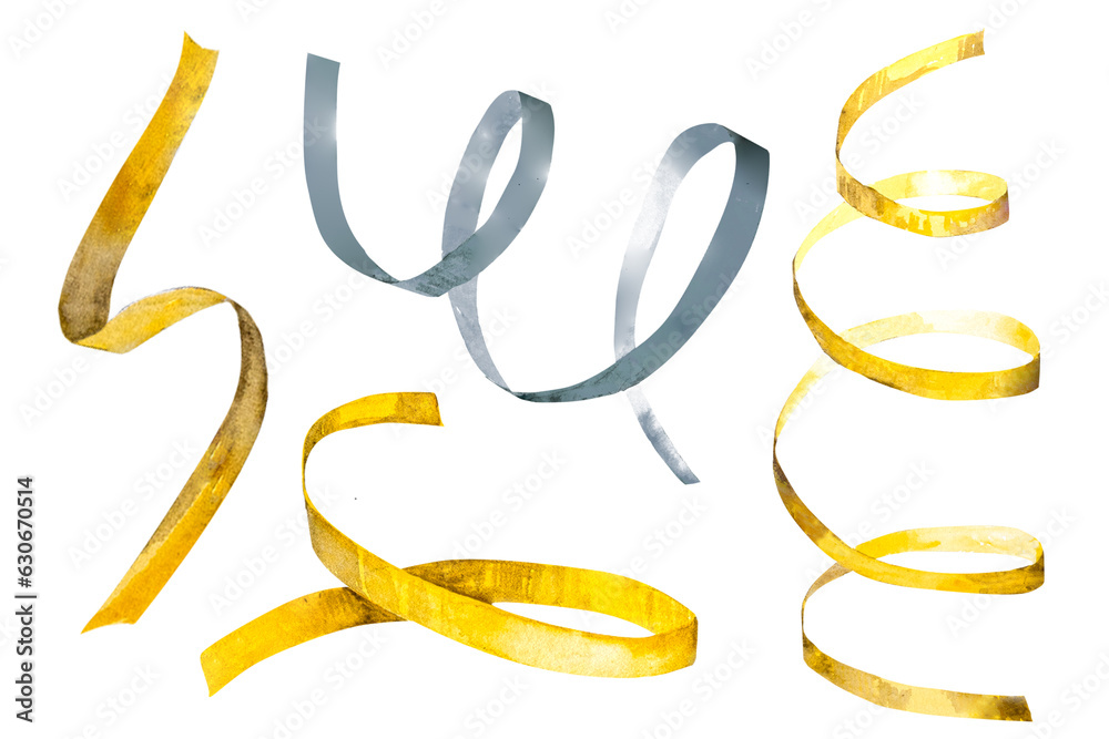 Hand drawn watercolor illustrations festive serpentine gold and silver pictures for birthday, Christmas and New Year Hand drawn watercolor illustrations festive serpentine gold and silver pictures for birthday, Christmas and New Year