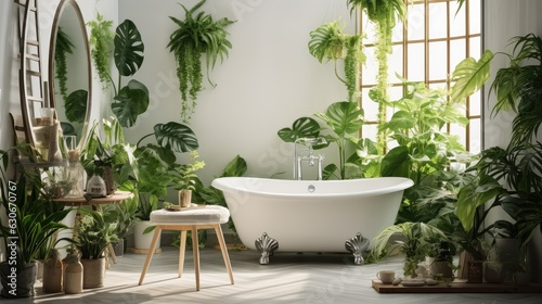 Bright and white bathroom with a variety of green plants of deep forest style  Generative AI