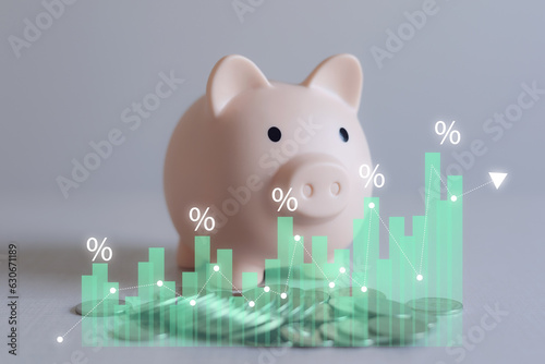 Savings money and piggy bank with up arrow and percentage symbol for finance bank increase interest rate or dividend investment mortgage from business growth concept