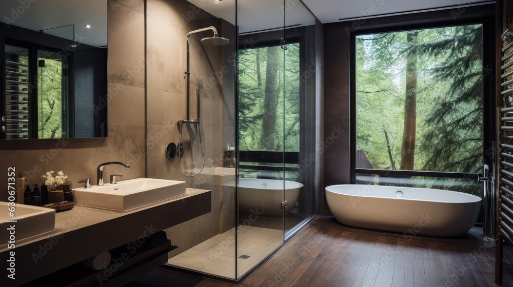 Modern Interior of bathroom with a shower area and bathtub, Generative AI Modern Interior of bathroom with a shower area and bathtub, Generative AI