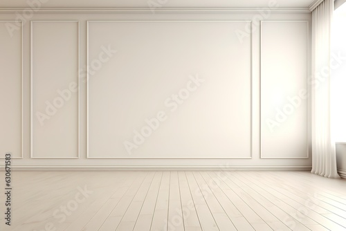 Plant against a white wall mockup. White wall mockup with brown curtain  plant and wood floor. 3D illustration Generative AI