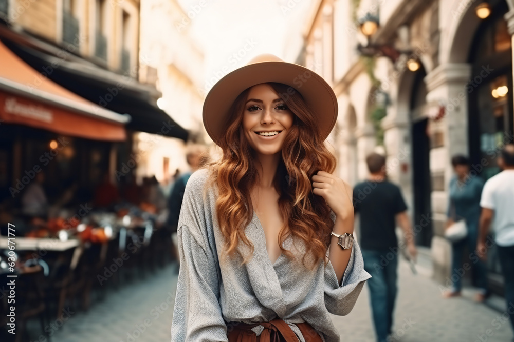 Woman tourist on the street, summer fashion style, travel to Europe