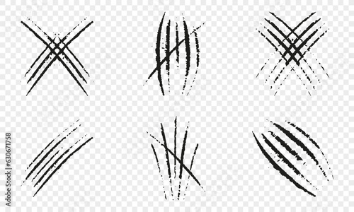 Claw Scratch Collection. Grunge Texture Stripe Slash Set. Animal Nails Trace, Tiger or Cat Talon. Monster Mark. Abstract Design Element on Transparent Background. Isolated Vector Illustration