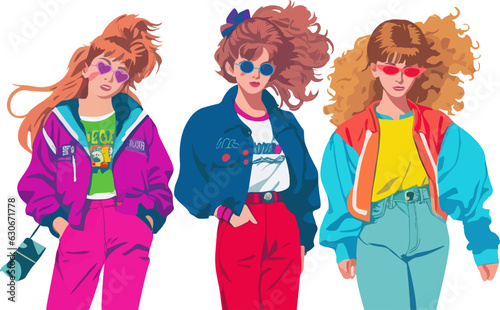 Three girls friends from 90s. Collection of characters in trendy retro and memphis style. Fashionable, stylish girls in bright multi-colored clothes. Vector isolated on white