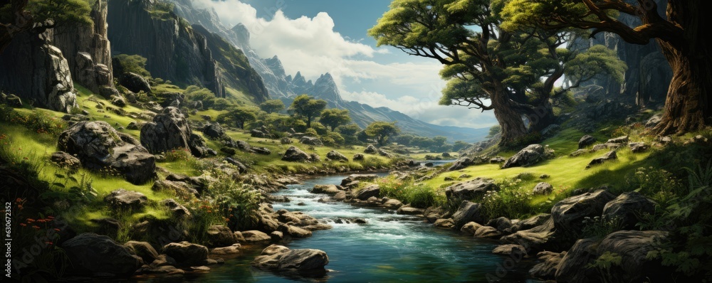 Panoramic Painting Illustration of Various Fantasy Lands - Exploring Joyful Fantasy World Landscapes with Fantasy Architecture, Sakura, Blossom Tree, Village, Moon, Moonlit, Night, Overgrown, Nature Panoramic Painting Illustration of Various Fantasy Lands - Exploring Joyful Fantasy World Landscapes with Fantasy Architecture, Sakura, Blossom Tree, Village, Moon, Moonlit, Night, Overgrown, Nature