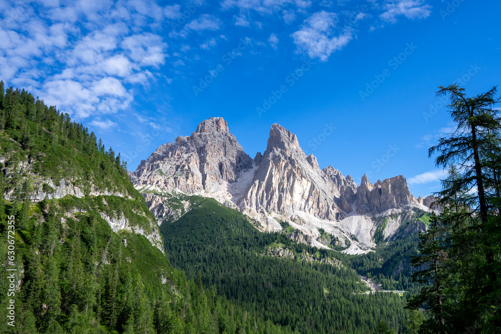 View onto the high rocky summits of the Dolomites