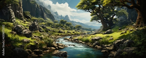 Panoramic Painting Illustration of Various Fantasy Lands - Exploring Joyful Fantasy World Landscapes with Fantasy Architecture, Sakura, Blossom Tree, Village,  Moon, Moonlit, Night, Overgrown, Nature