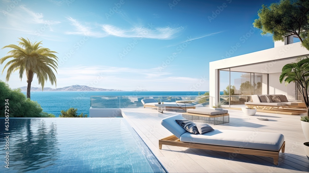 Fototapeta premium Relaxing summer, Sunbathing deck and private swimming pool with near beach