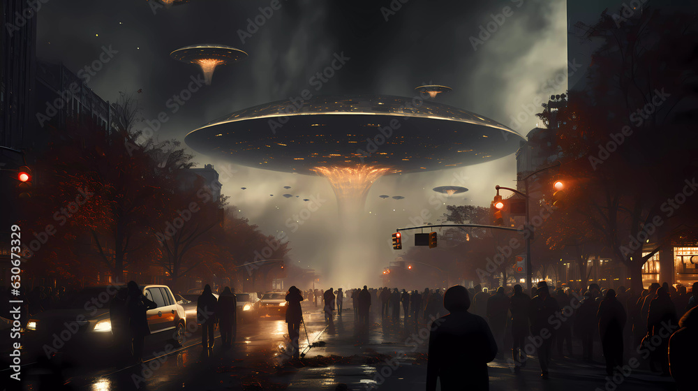 UFO, an alien saucer hovering above the field in the clouds, hovering motionless in the sky. Unidentified flying object, alien invasion, extraterrestrial life, space travel, spaceship. mixed media