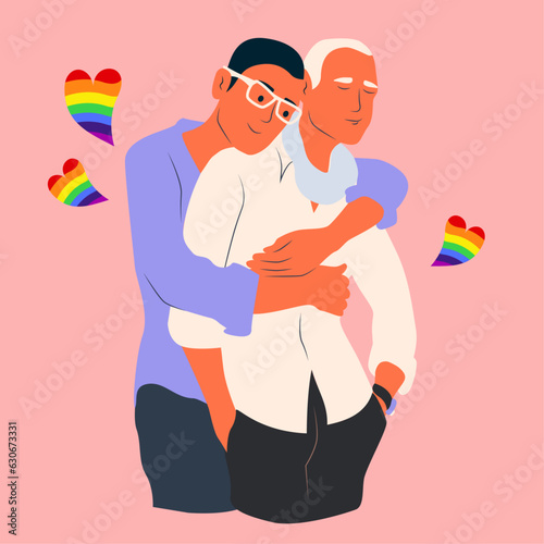 Male gay couple in love. Interracial homosexual couple. Love concept. Lgbtq people in romantic relationships.Two happy men hugging, smiling. Pride month. Men embrace each other. Vector illustration.