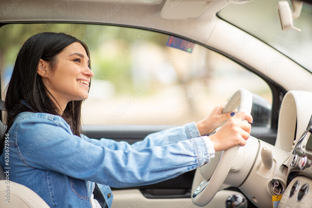 Side of young woman driving car Side of young woman driving car