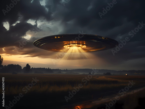 UFO, an alien saucer hovering above the field in the clouds, hovering motionless in the sky. Unidentified flying object, alien invasion, extraterrestrial life, space travel, spaceship. mixed media