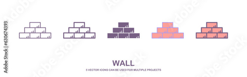 Wall icon of 5 types. brick icon vector. Isolated vector sign symbol. Brick wall icon vector, filled flat sign, solid pictogram isolated on white. Symbol, logo illustration.