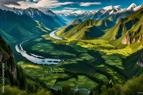 landscape with lake and mountains, A breathtaking aerial view captures the grandeur of landscape mountains, a lush valley, and a winding river © SardarMuhammad