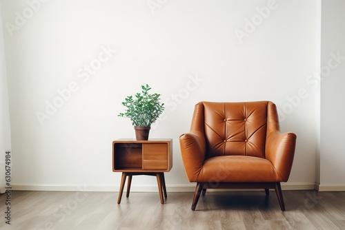 Interior with wooden cabinet and armchair 3d rendering | Interior with armchair and coffee table 3d rendering | Trendy room interior with modern colour armchair, Generative AI