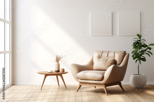 Interior with wooden cabinet and armchair 3d rendering   Interior with armchair and coffee table 3d rendering   Trendy room interior with modern colour armchair, Generative AI © Azar