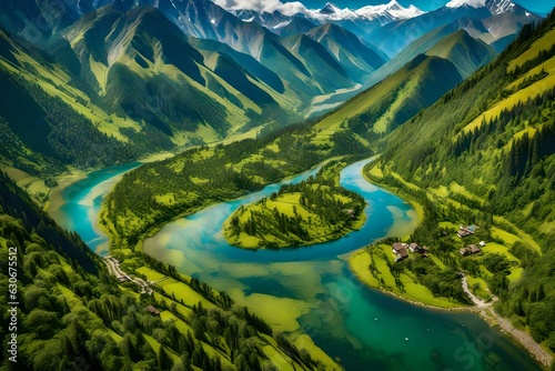 river in the mountains, A breathtaking aerial view captures the grandeur of landscape mountains, a lush valley, and a winding river