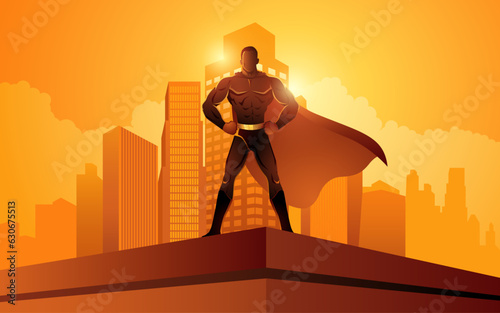 Iconic urban defender, Superhero silhouette against cityscape backdrop. Vigilance, power, and heroism captured in one striking image