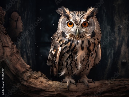 Portrait ofan owl sitting on a tree branch at night