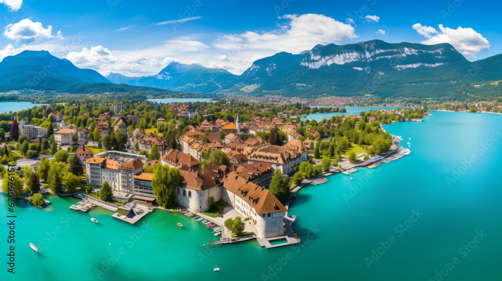 Aerial Panorama of Annecy: Old Town and Lake Cityscape, France